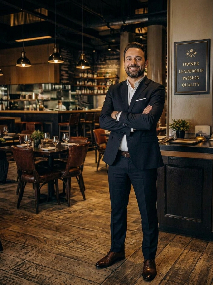 Business owner standing in front of his hospitality firm